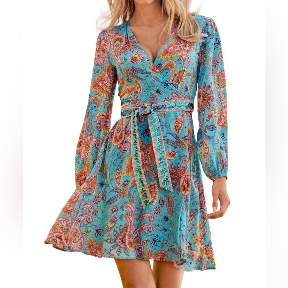 Boston Proper Beach Paisley Embellished Printed Wrap Dress New Size Large